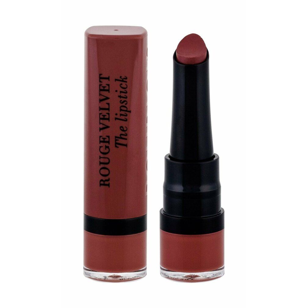 Rossetto aperto, tubo marrone con testo. Rossetto marrone chiaro. Sfondo bianco.