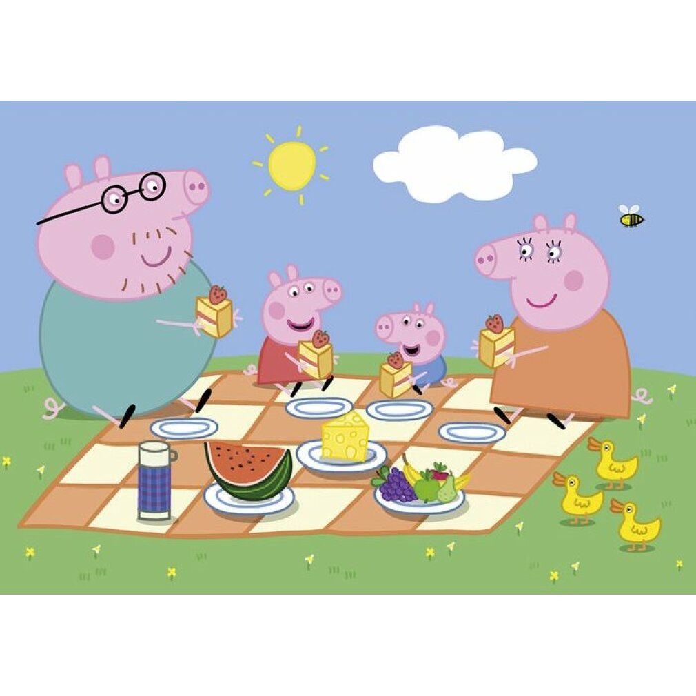 Puzzle Peppa Pig, scena picnic. Famiglia mangia torta, anguria, frutta. Anatre gialle. Puzzle Clementoni.