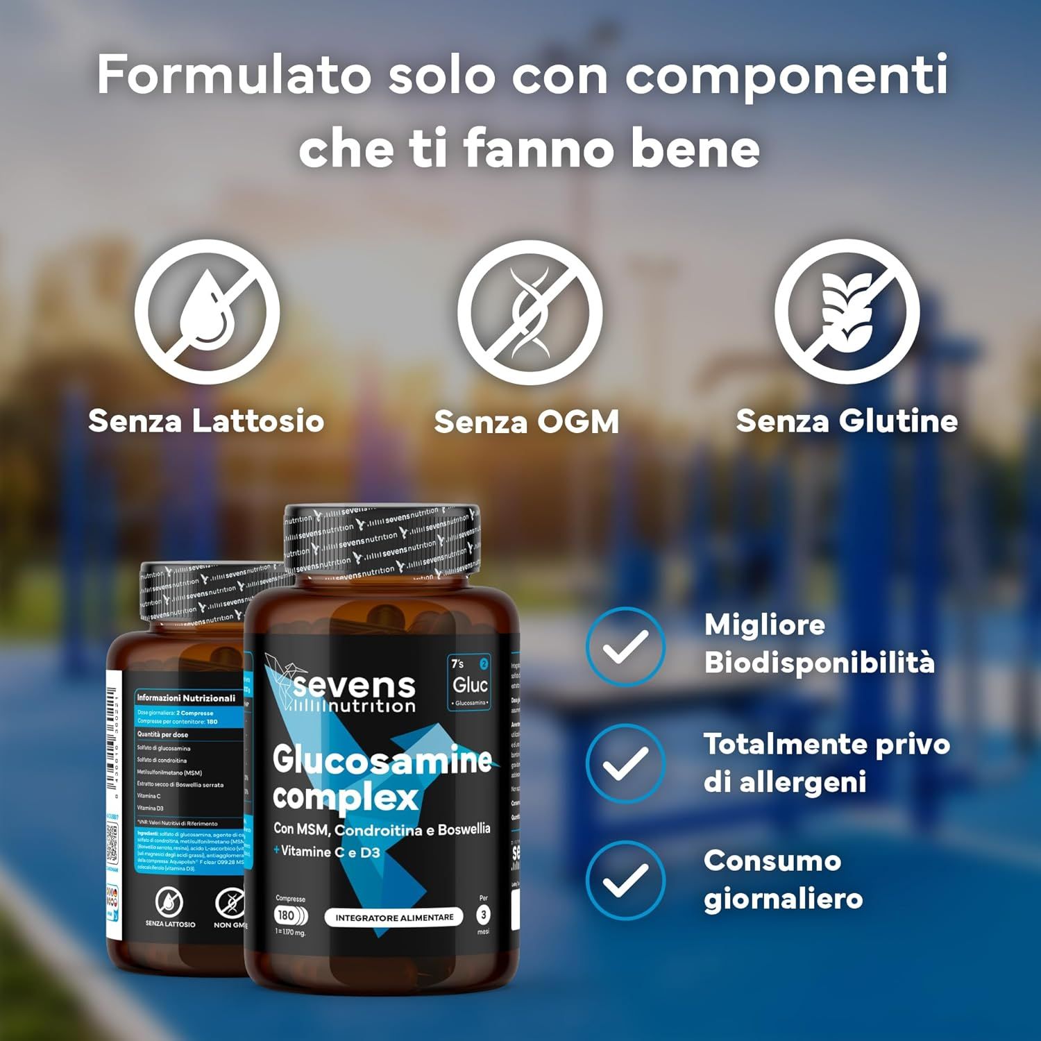 Due barattoli SEVENS NUTRITION Glucosamine Complex. Icone indicano assenza di lattosio, OGM e glutine.