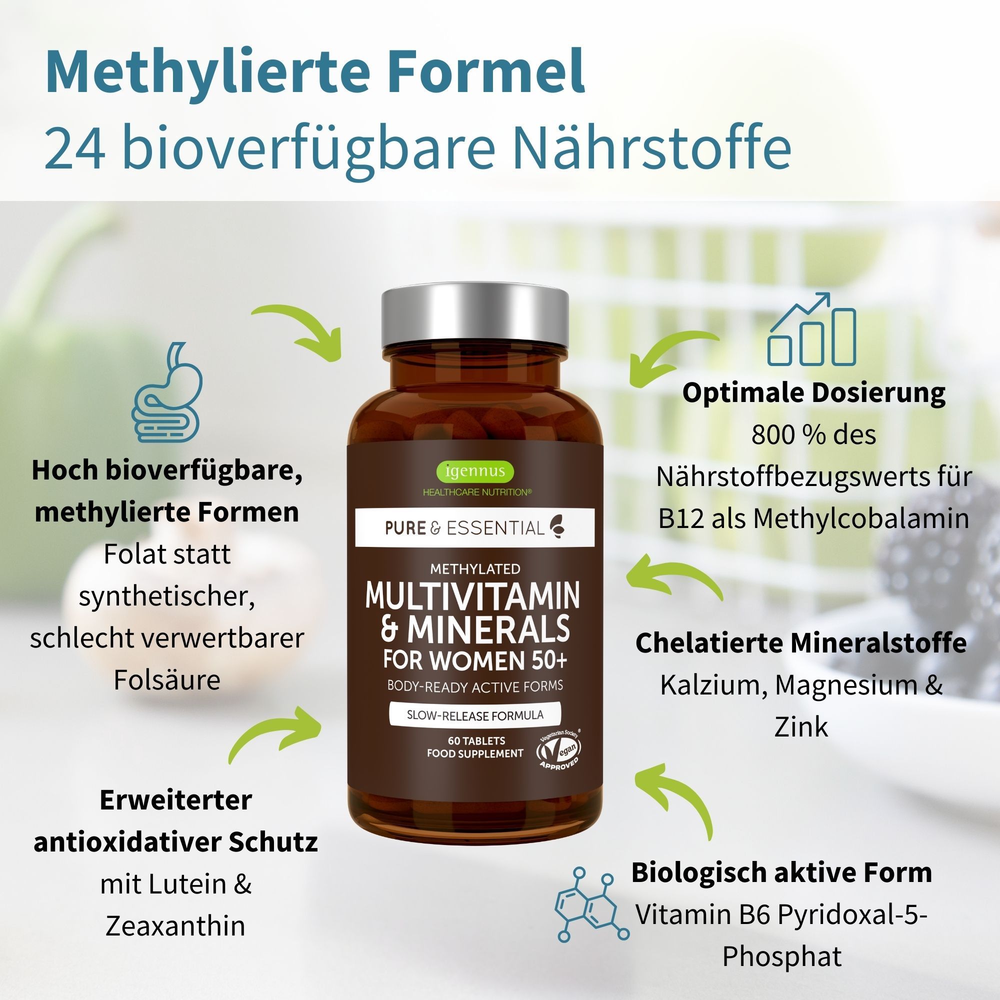 Flacone marrone con compresse. Testo: Methylated Multivitamin & Minerals for Women 50+. Grafico con informazioni nutrizionali. Ulteriori informazioni.