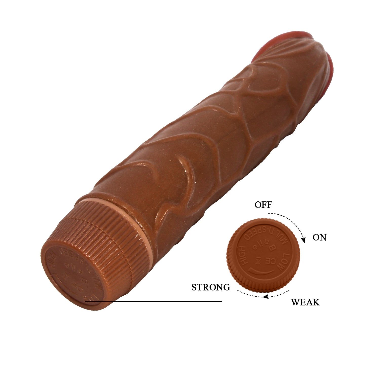 Dildo marrone con punta rossa. Manopola rotante con scritta: ON/OFF, STRONG/WEAK. Superficie scanalata.