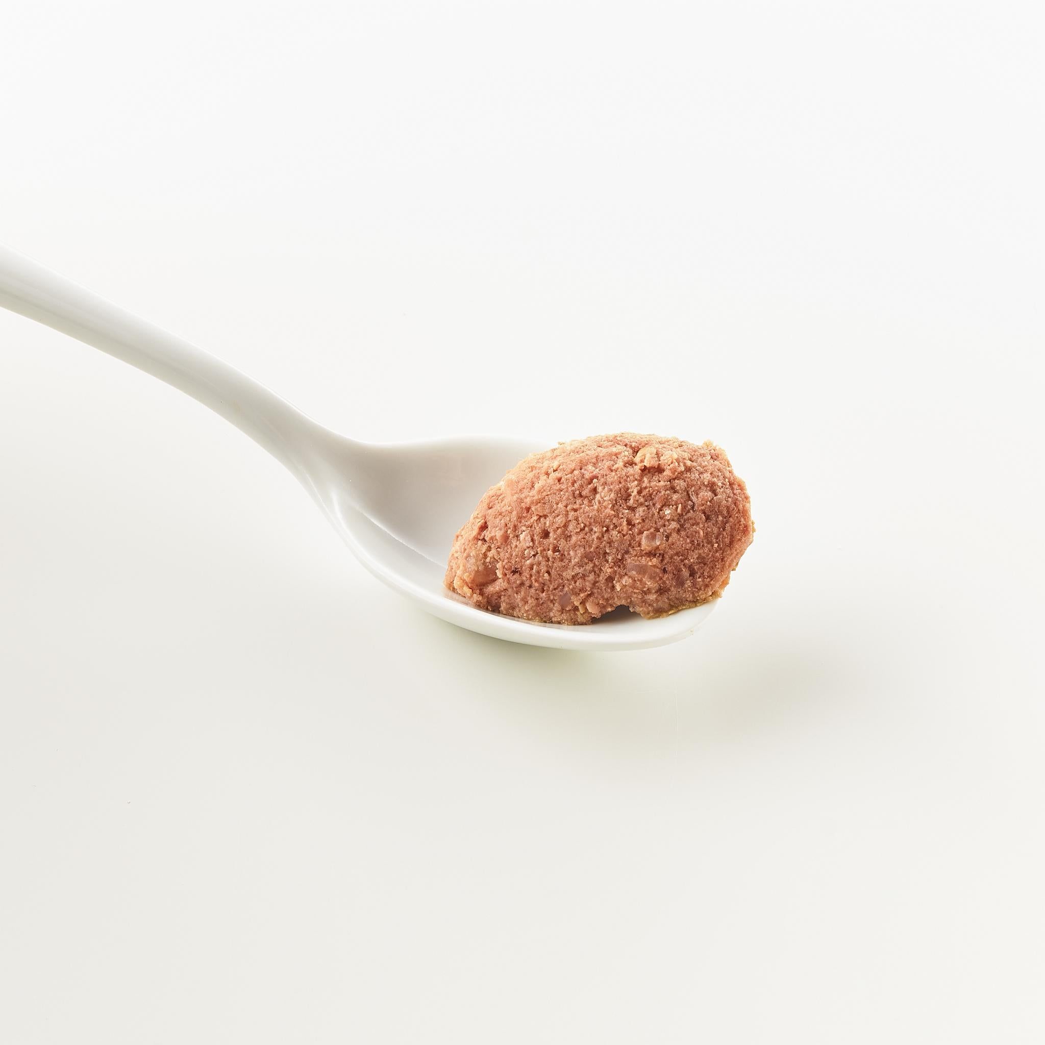 Cucchiaio con cibo. Una porzione di cibo è su un cucchiaio bianco. Il cibo è rosa e ha una consistenza solida.