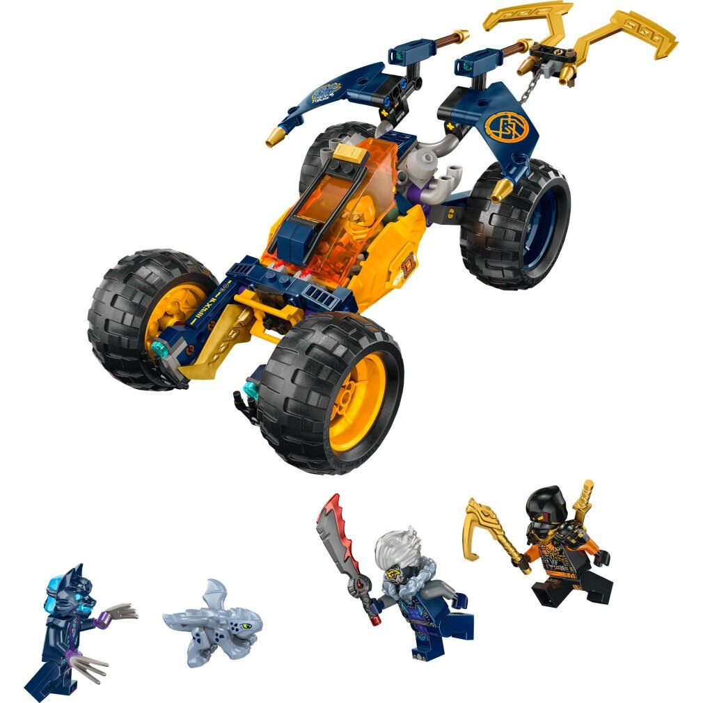 Set LEGO Ninjago. Buggy fuoristrada giallo-blu con pneumatici neri e personaggi. Senza confezione.
