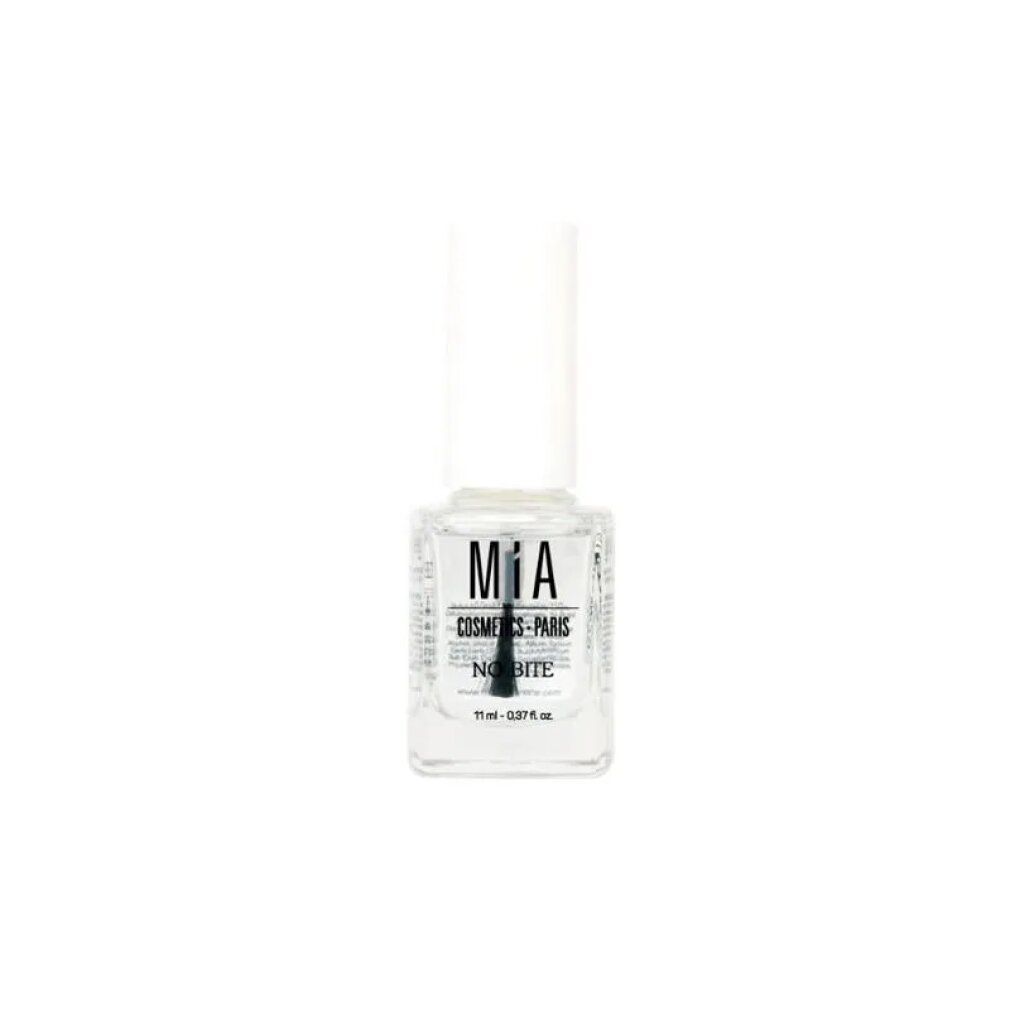 Flacone di smalto trasparente con tappo bianco. Scritta: Mía Cosmetics Paris, No Bite. Volume: 11 ml.