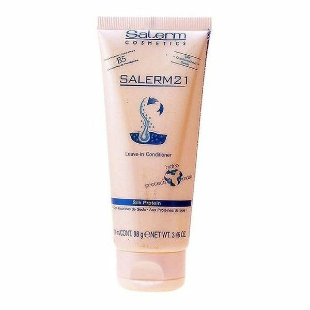Tubo rosa con tappo a vite. Scritte: Salerm Cosmetics, SALERM21, Leave-in Conditioner, Silk Protein. 98 g.