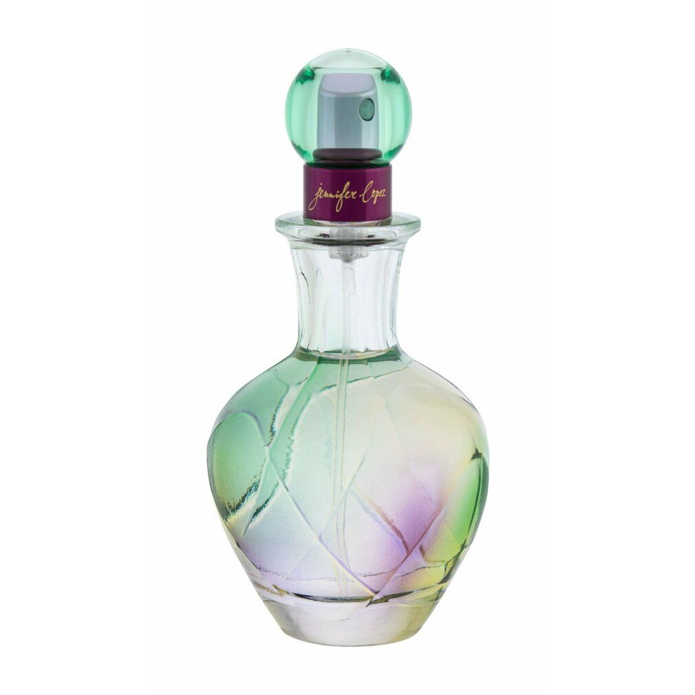 Flacone di profumo sfumato verde-viola. Tappo sferico, scritta dorata. Flacone in vetro con motivo floreale.
