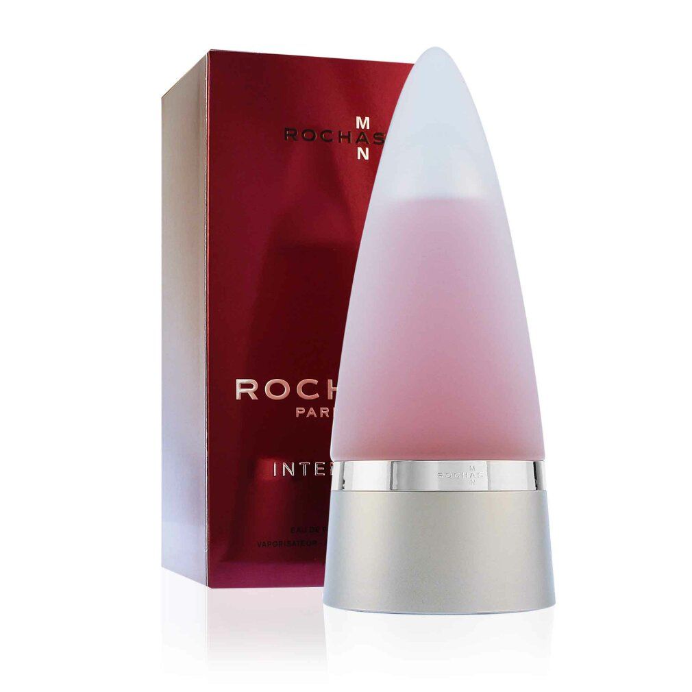 Rochas Man Intense Eau De Parfum Spray. Flacone a cono con base argentata. Scatola rossa con nome del prodotto.