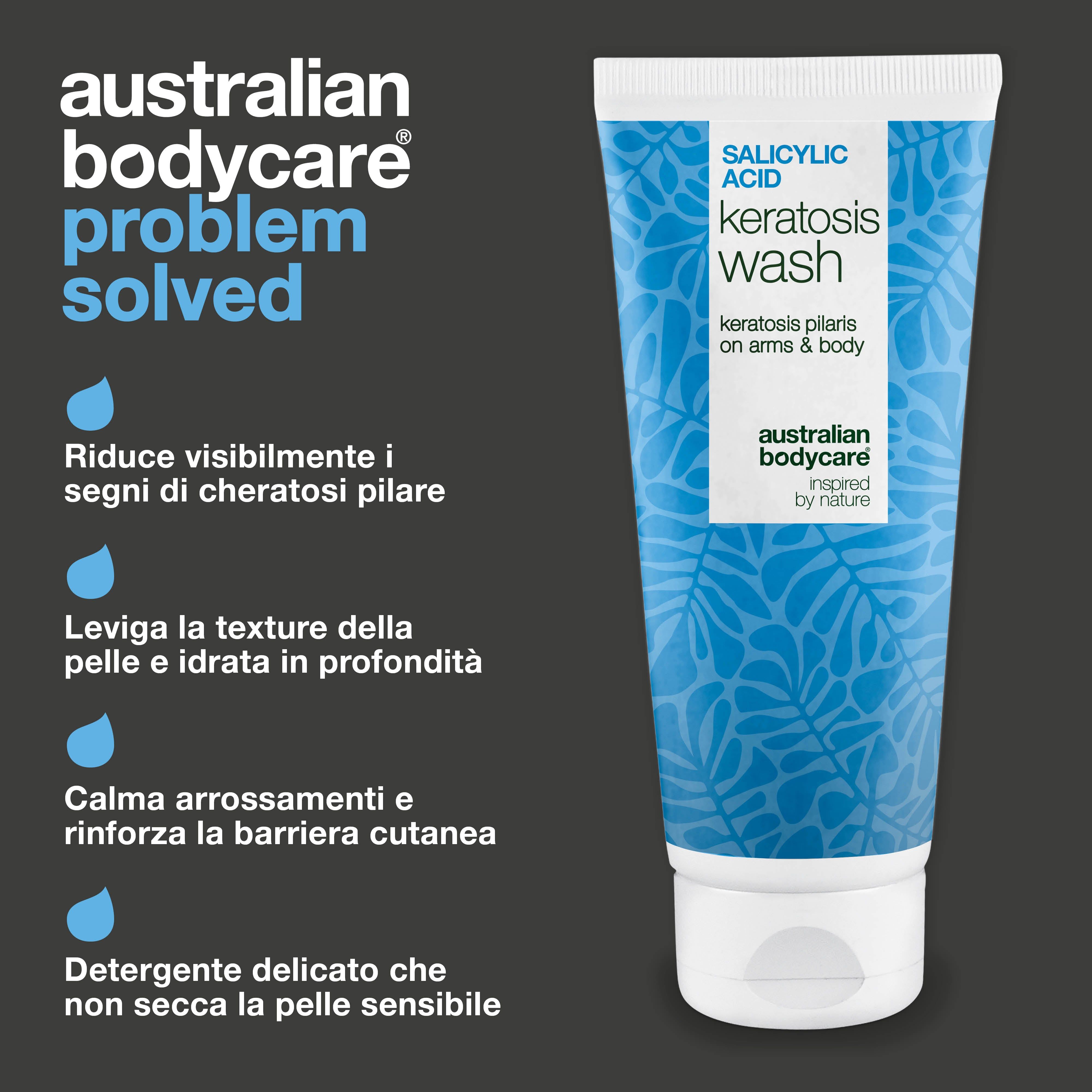Tubo con testo: Salicylic Acid Keratosis Wash. Marchio: Australian Bodycare. Testo: Riduce i brufoli, leviga la pelle.