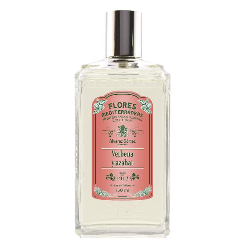 Flacone. Scritta: Flores Mediterraneas, Verbena y Azahar, Alvarez Gómez, 150 ml.