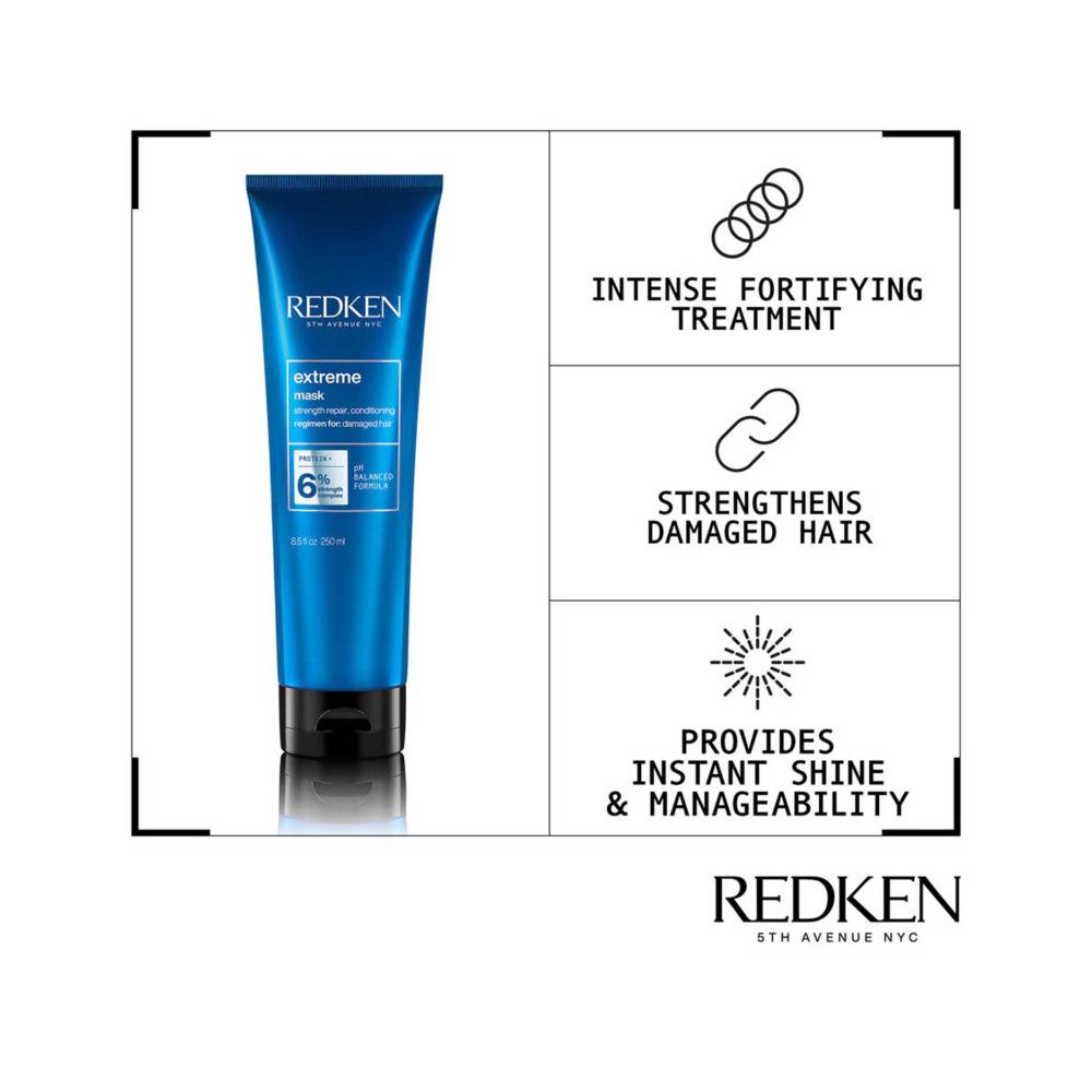 Tubo blu con nome e testo del prodotto. Testo: Intense Fortifying Treatment, Strengthens Damaged Hair, Provides Instant Shine & Manageability.