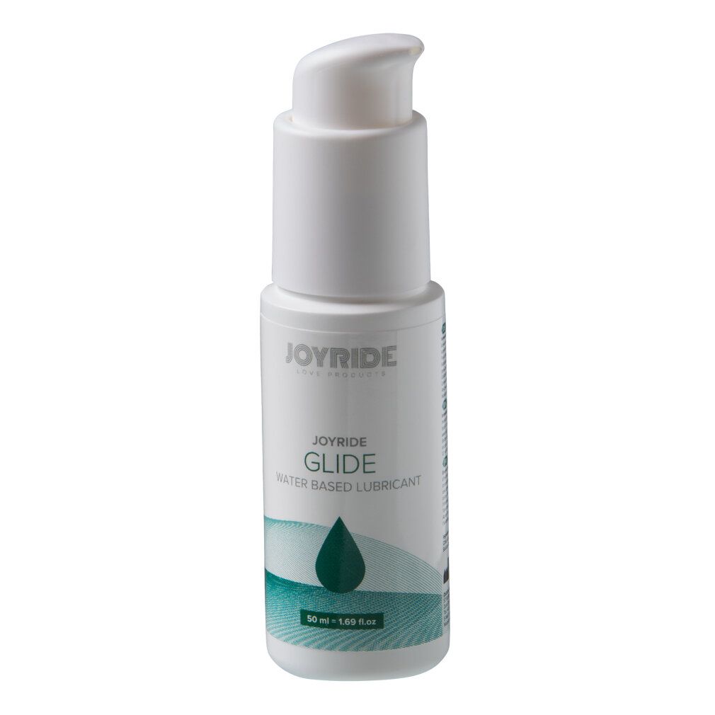 Flacone bianco con dosatore a pompa. Scritta: JOYRIDE GLIDE, lubrificante a base d'acqua. Grafica goccia verde. 50 ml.