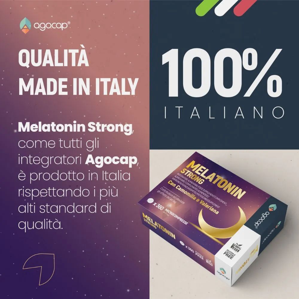 Confezione Melatonin Strong. Qualità Made in Italy. 100% italiano. Con camomilla e valeriana. 360 microcompresse.