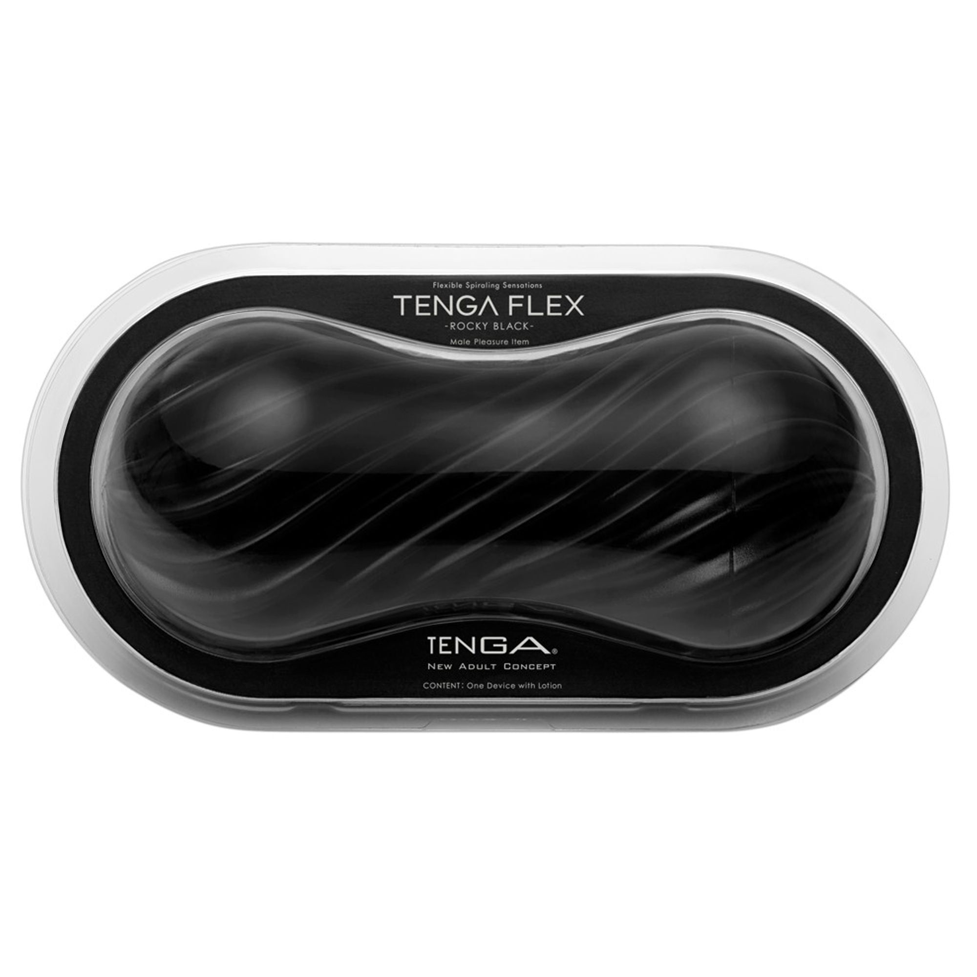 TENGA FLEX Rocky Black nero in confezione. Contenitore ovale con immagine del prodotto e testo.