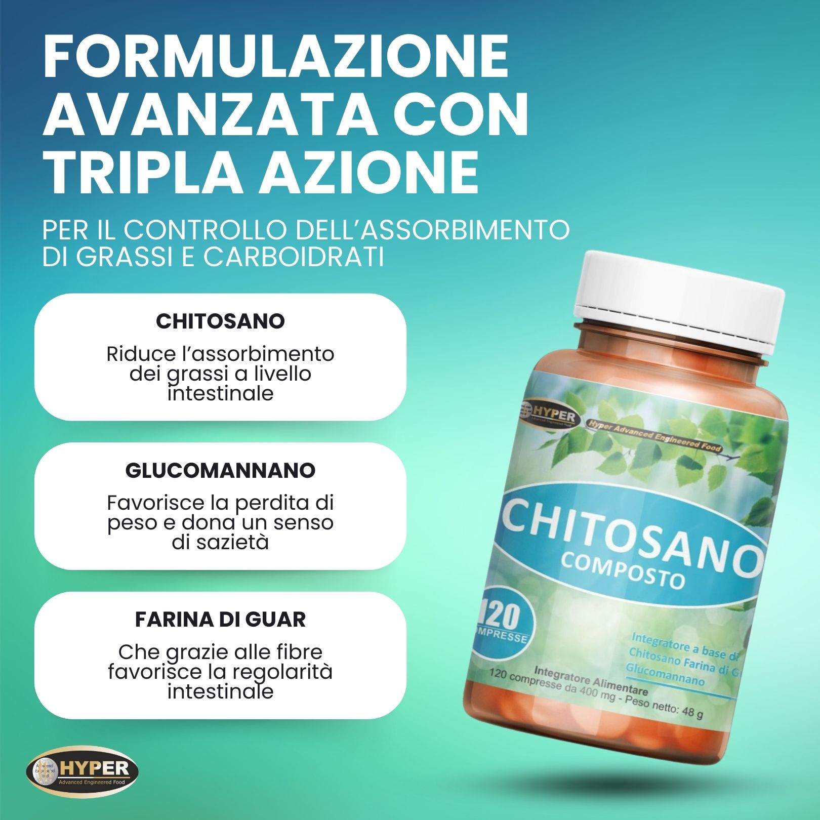 HYPER Chitosano Composto  con Glucomannano. Minore assorbimento dei grassi e degli zuccheri,