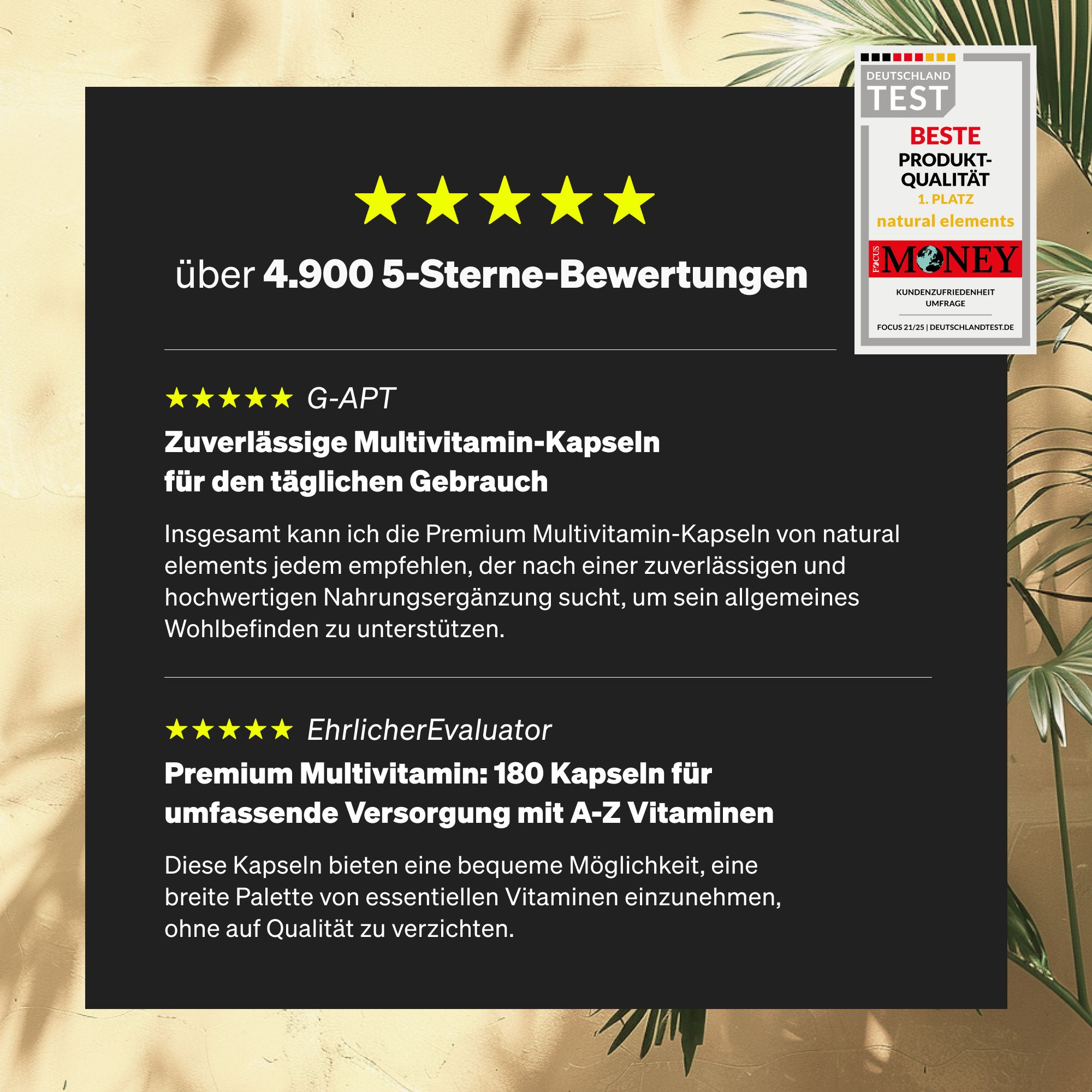 Testo con recensioni per Premium Multi. Valutazioni a 5 stelle. Marchio: natural elements. Distinzione.