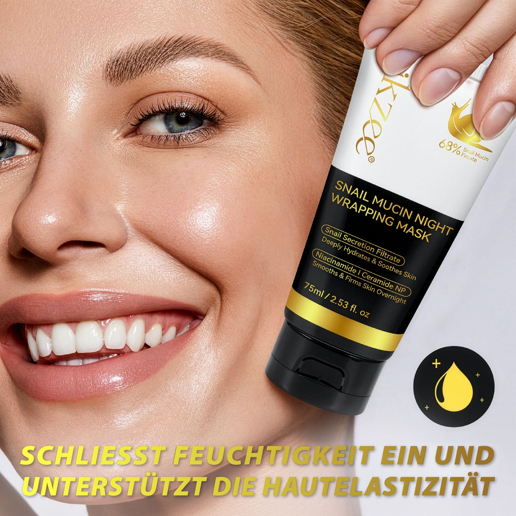 Donna che tiene un tubo. Testo: Snail Mucin Night Wrapping Mask. Marchio: ikzzee. Tappo nero. Scritta dorata.