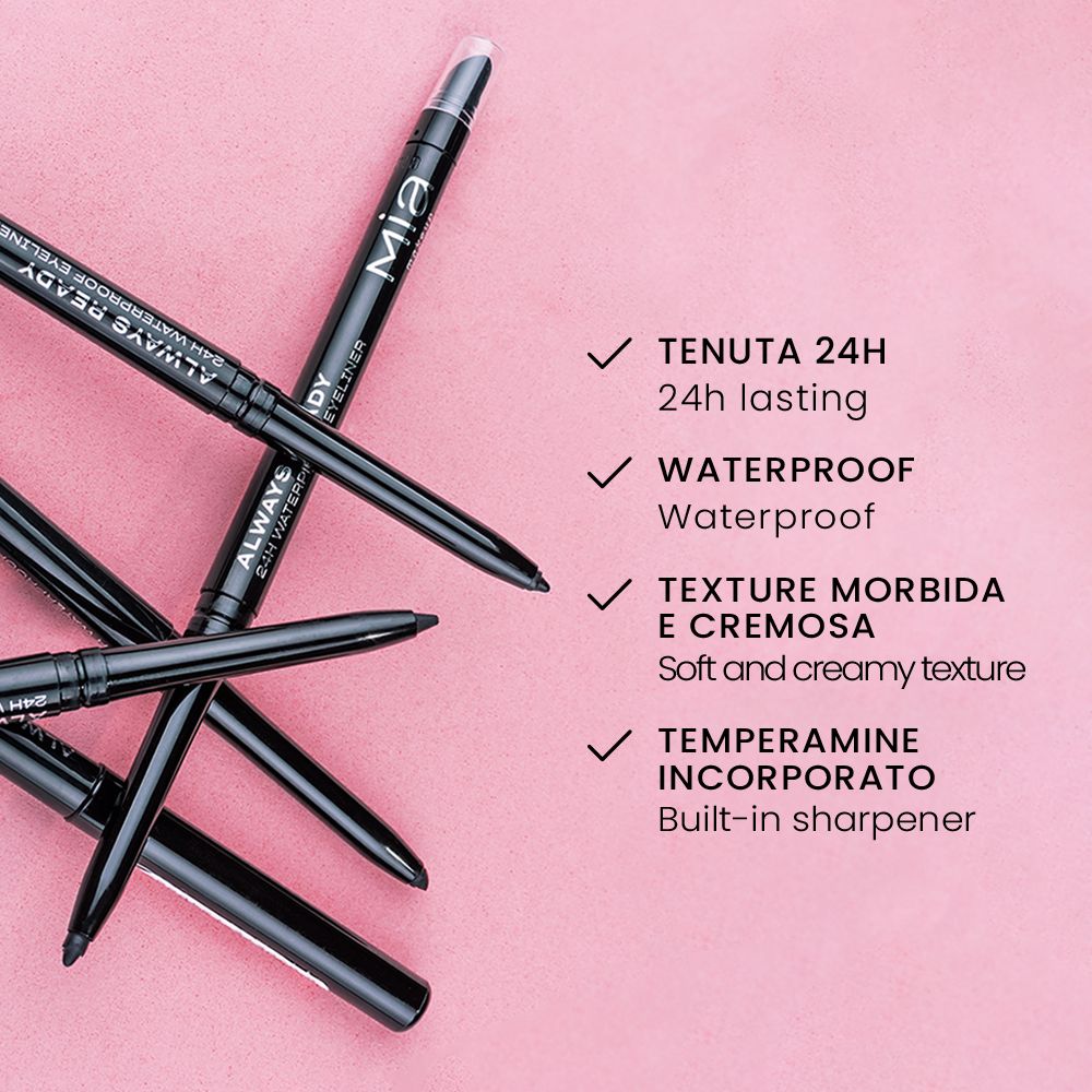 Diversi eyeliner neri su sfondo rosa. Testo: Tenuta 24h, Waterproof, Texture morbida e cremosa, Temperamine incorporato.