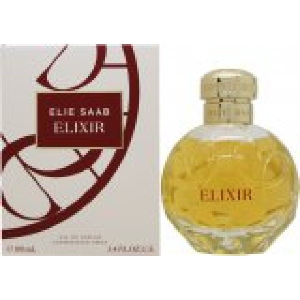 Flacone e confezione. Flacone rotondo, tappo dorato, scritta "ELIXIR". Confezione con logo e scritta "ELIE SAAB ELIXIR".