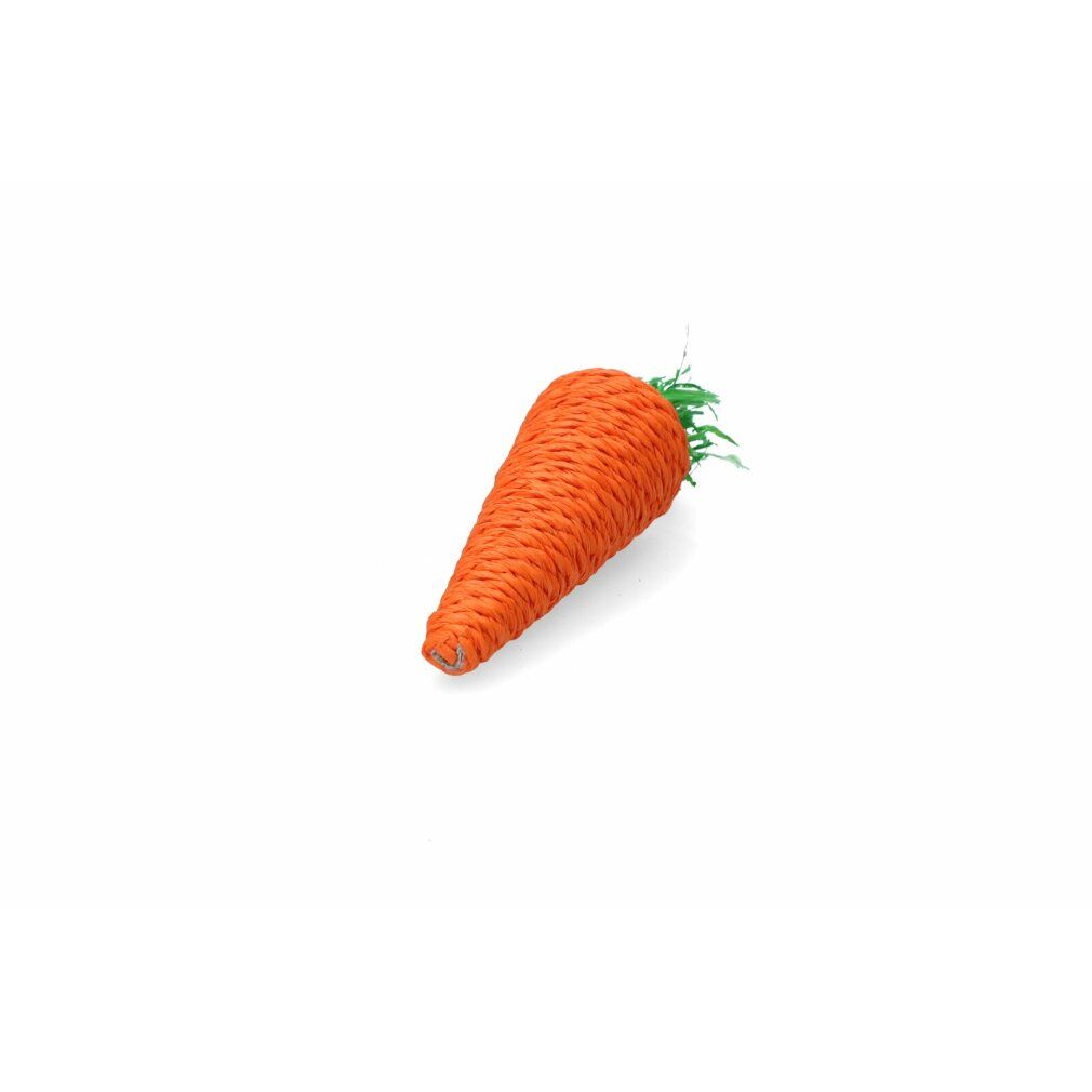 Giocattolo masticabile a forma di carota arancione intrecciata, con parte superiore verde. Su sfondo bianco.