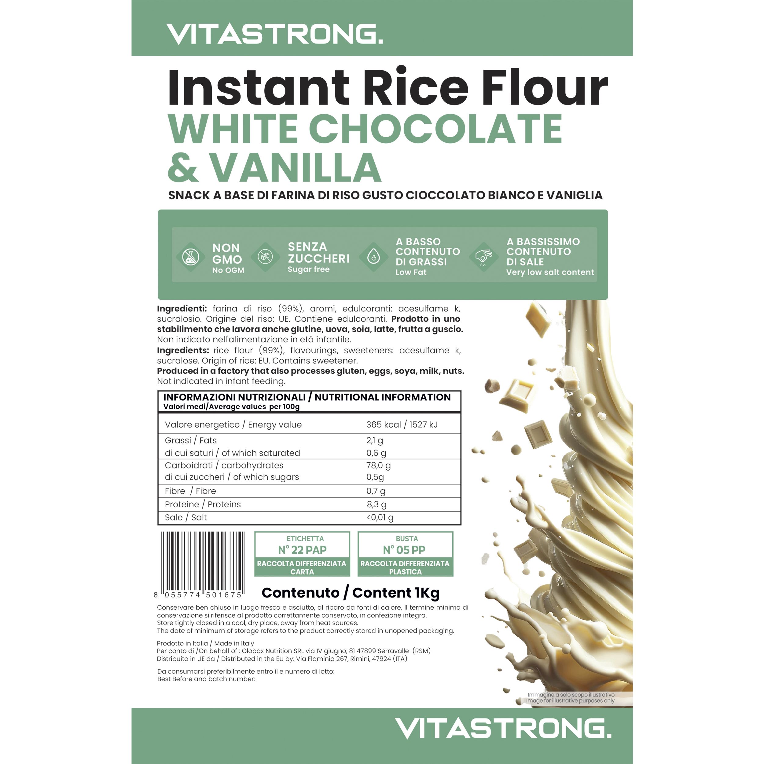 Vitastrong Farina di riso istantanea, cioccolato bianco & vaniglia. Informazioni nutrizionali e ingredienti. 1 kg.
