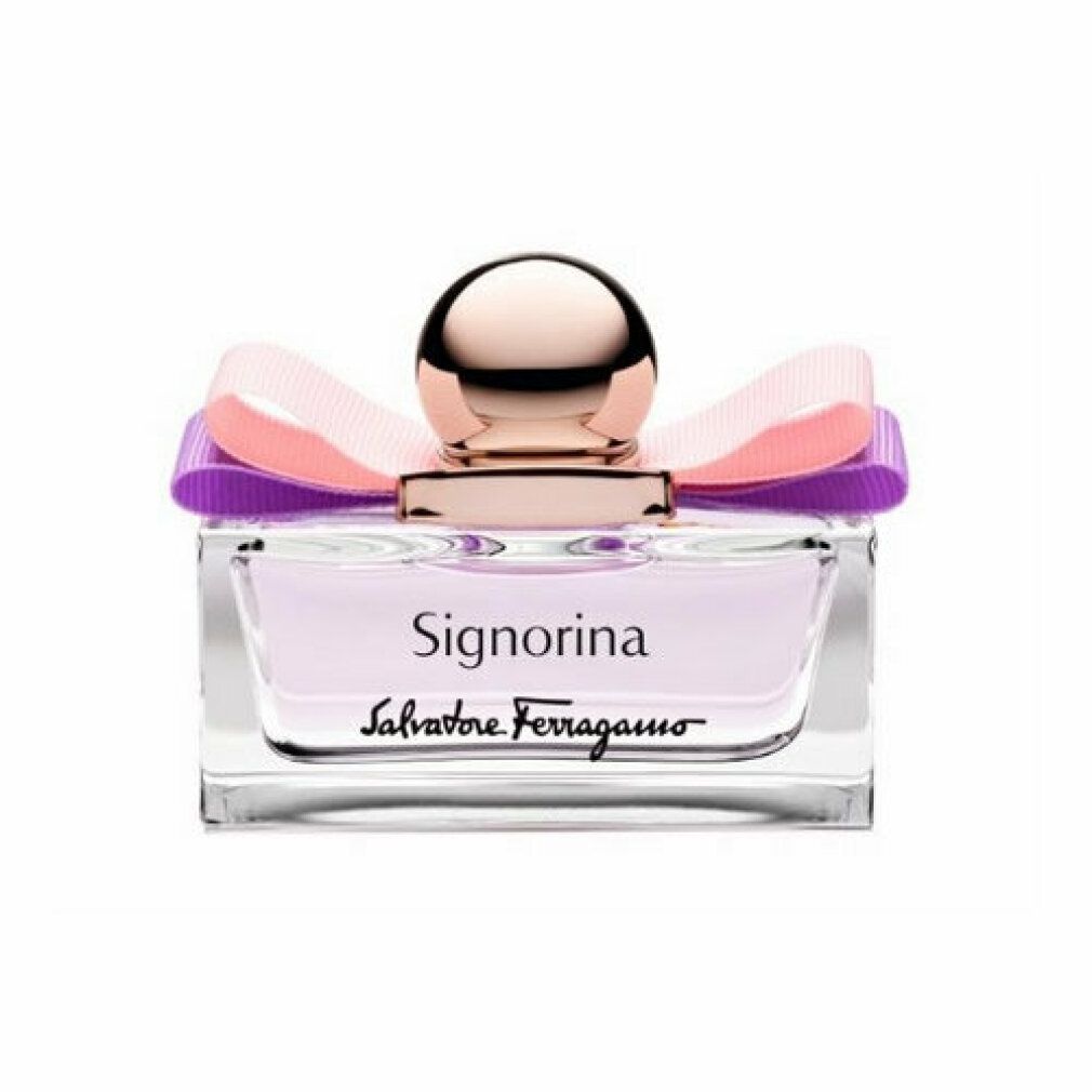 Flacone Signorina Eau de Toilette. Liquido rosa, tappo dorato, fiocco. Marchio e nome visibili.