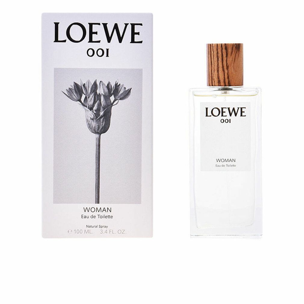 Loewe 001 Woman Eau de Toilette Spray. Flacone e confezione. Etichetta bianca con nome del prodotto. Tappo in legno. Decorazione floreale sulla confezione.