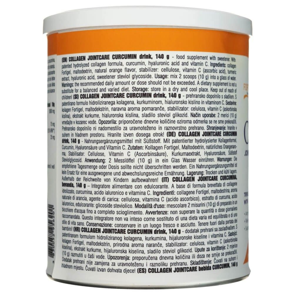 Retro di una lattina Nature's Finest Collagen Curcumin Joint Care con informazioni dettagliate sul prodotto e sugli ingredienti.
