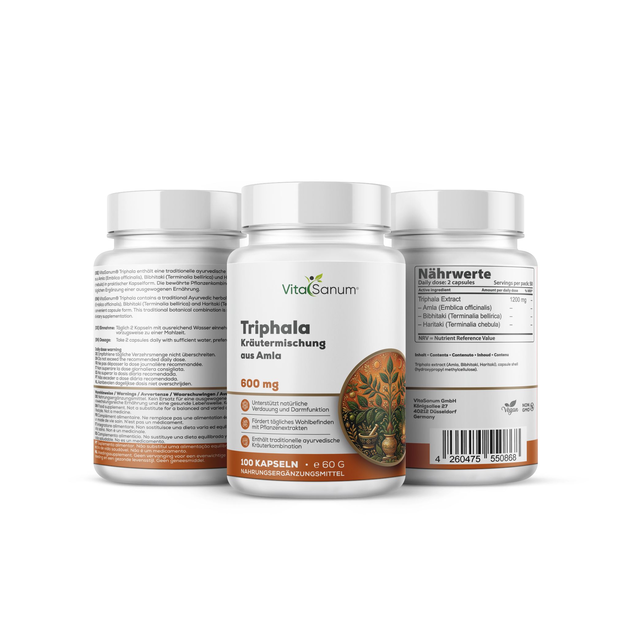 Capsule VitaSanum Triphala: Tre barattoli bianchi da 100 capsule, 600 mg. Un barattolo mostra le informazioni nutrizionali.