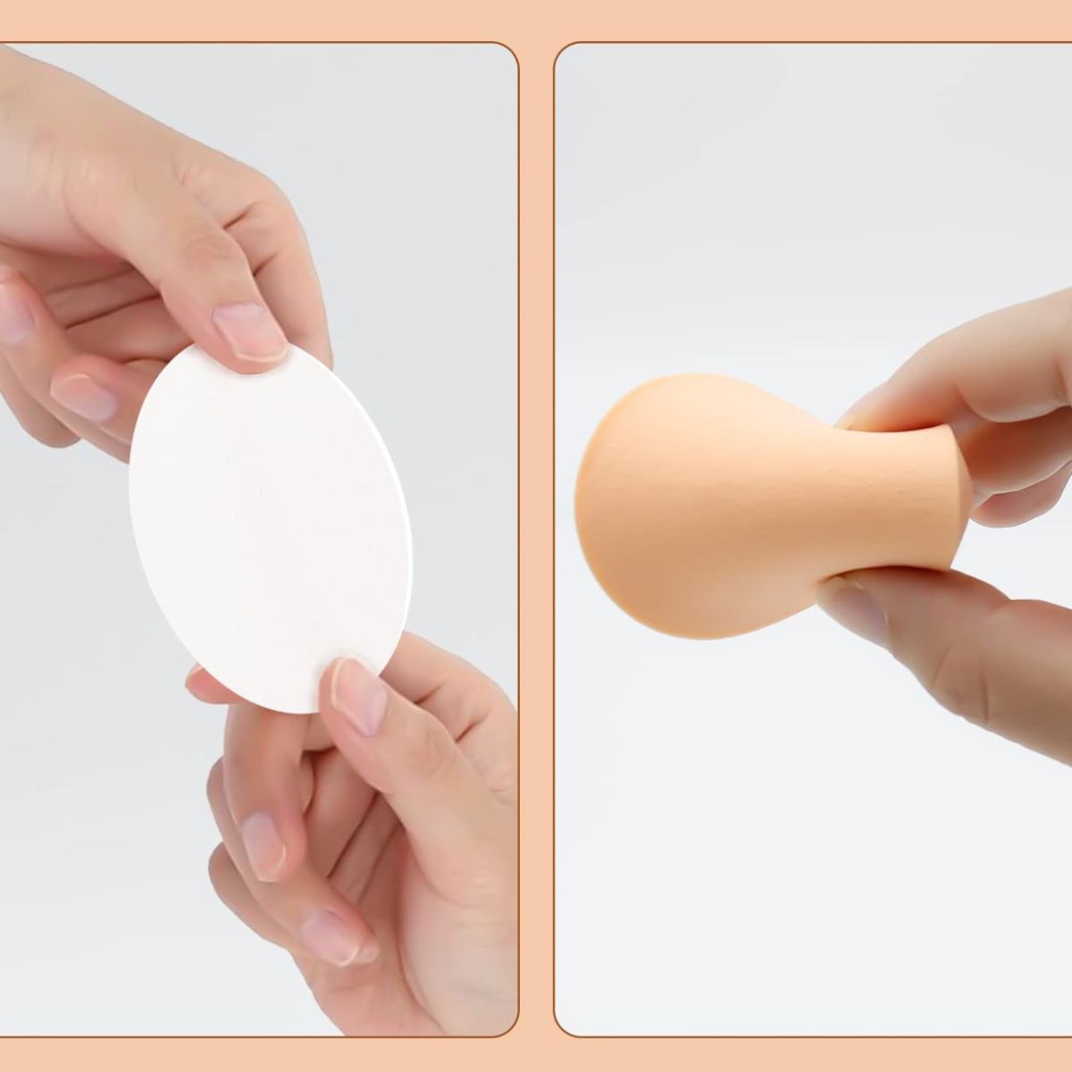 Due spugnette rotonde per il trucco, una bianca e una beige, tenute in mano.