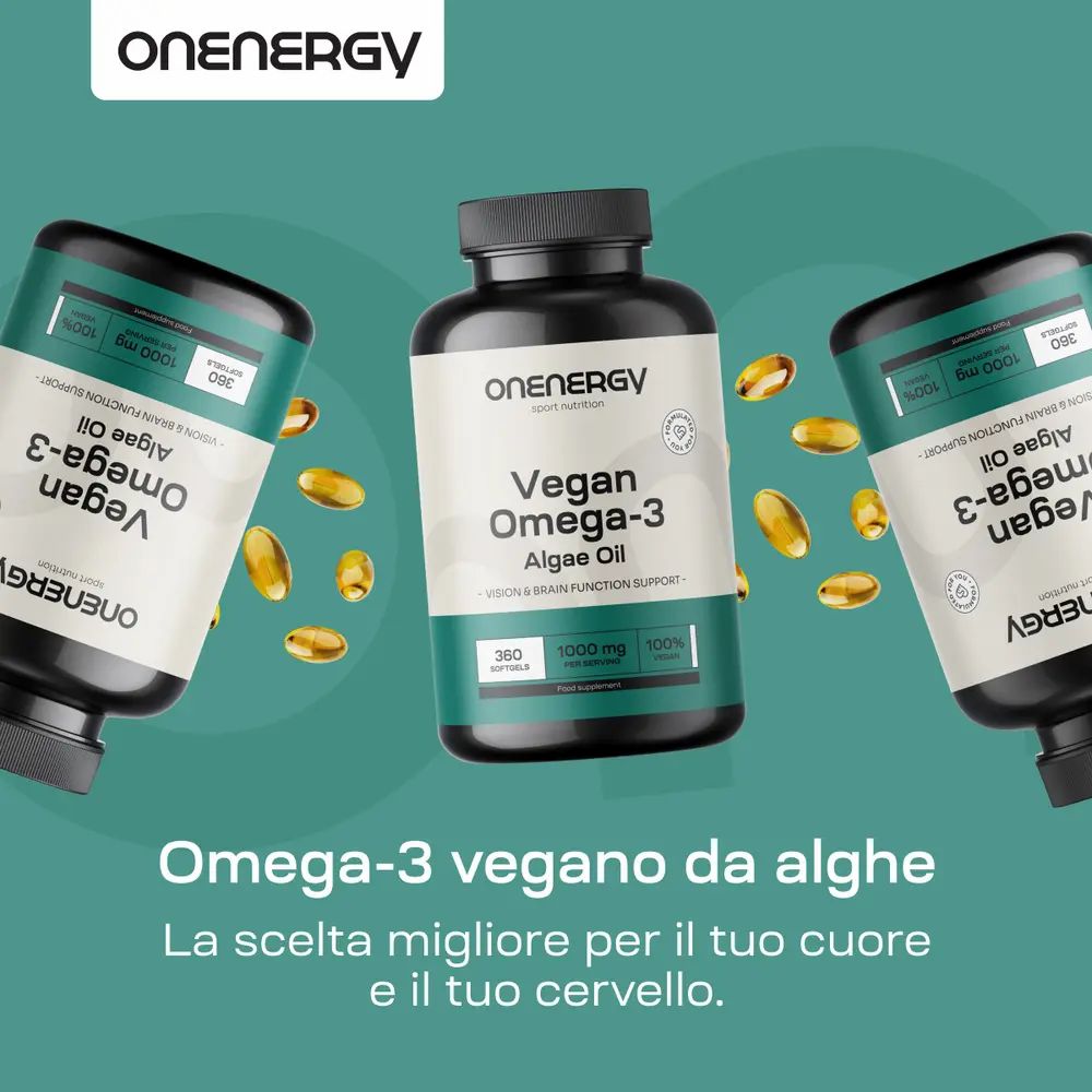 Tre flaconi di OnEnergy Vegan Omega-3 da alghe. "Omega-3 vegano da alghe".