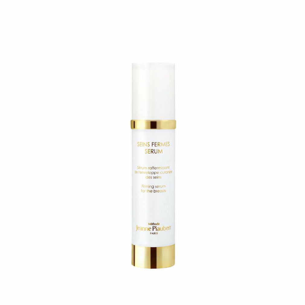Siero bianco con dettagli dorati. Scritta: SEINS FERMES SERUM, Firming serum for the breasts. Marchio: Jeanne Piaubert.