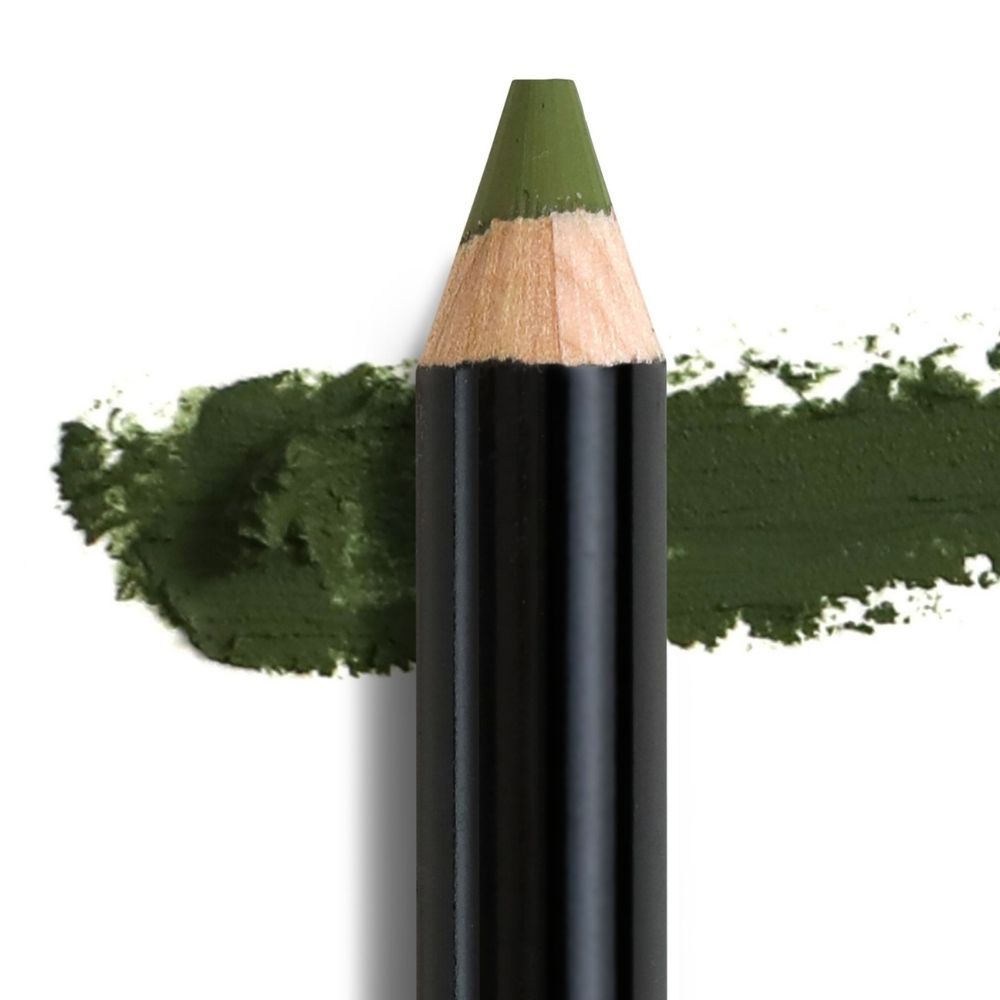 Matita occhi verde con campionatura colore. Punta della matita e campionatura colore verdi. Fusto nero.