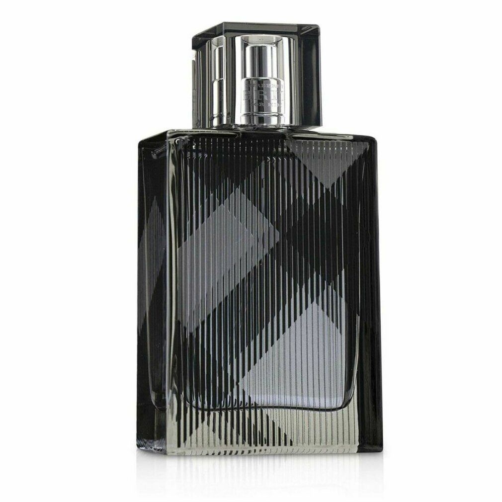 Flacone spray Burberry Brit Eau de Toilette. Motivo a quadri neri. Tappo trasparente. Vaporizzatore argento.