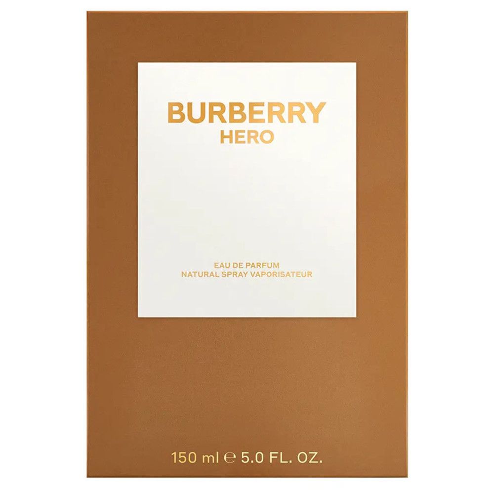 Burberry Hero E.d.P. Nat. Spray. Confezione marrone con riquadro bianco e scritta dorata. 150 ml.