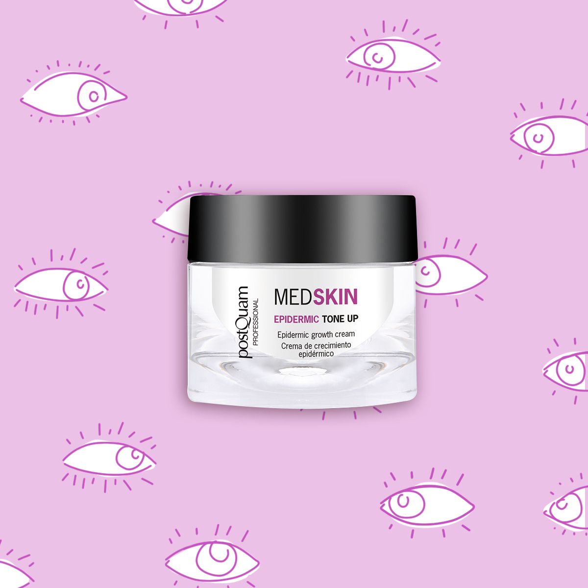 Vaso di crema con scritta: Medskin Epidermic Tone Up. Crema de crecimiento epidérmico. Su sfondo rosa con occhi.