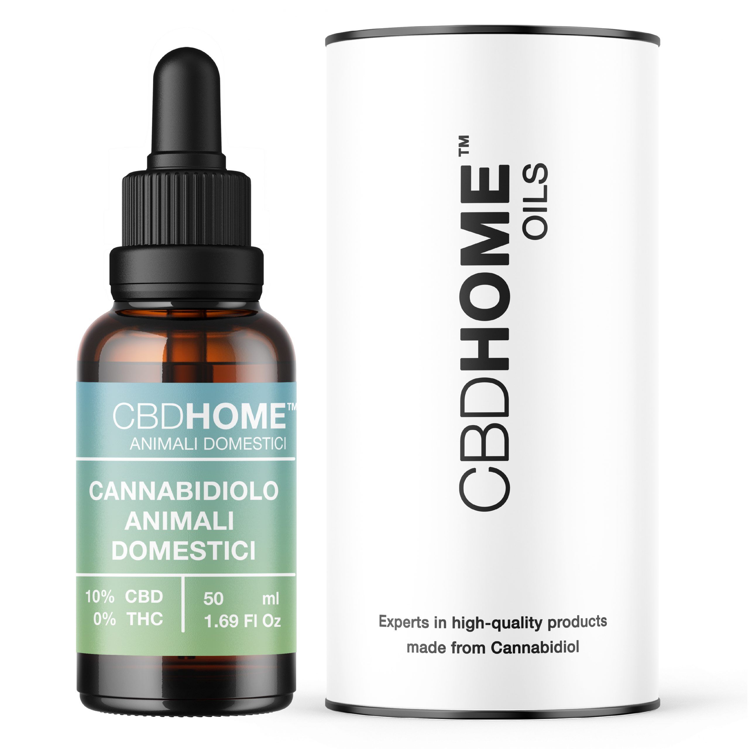 Flacone CBDHOME per animali con contagocce e confezione. 10% CBD, 50ml.