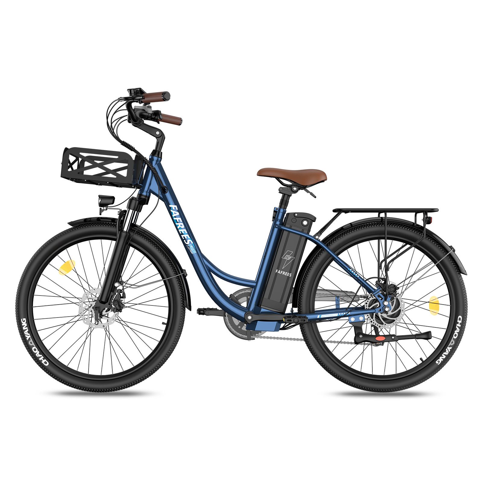 E-bike blu con sella marrone, portapacchi e cestino. Marchio FAFREES.