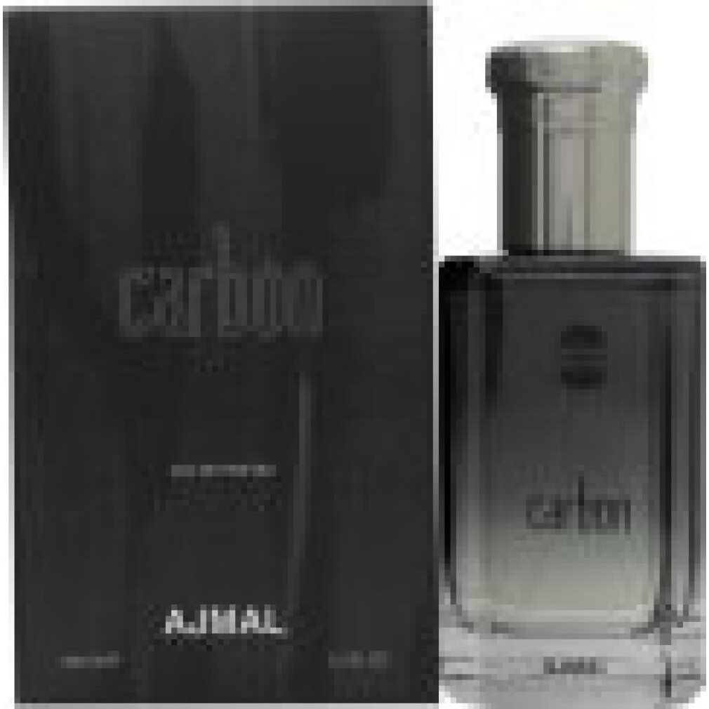 Flacone di profumo e confezione. Flacone con tappo argentato, scritta "carbon" e "AJMAL". Confezione con "carbon" e "AJMAL".