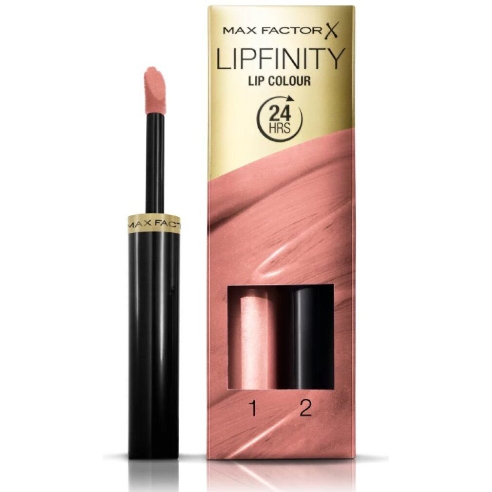 Confezione Max Factor Lipfinity Lipcolour. Contiene due prodotti. Applicatore Lipcolour e applicatore Topcoat. Contenitori neri con dettagli dorati.
