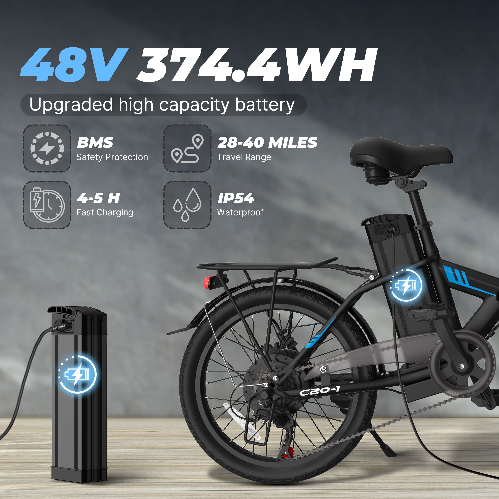 E-bike pieghevole con batteria 48V. Dettagli: protezione BMS, autonomia 28-40 miglia, ricarica 4-5h, IP54 impermeabile.