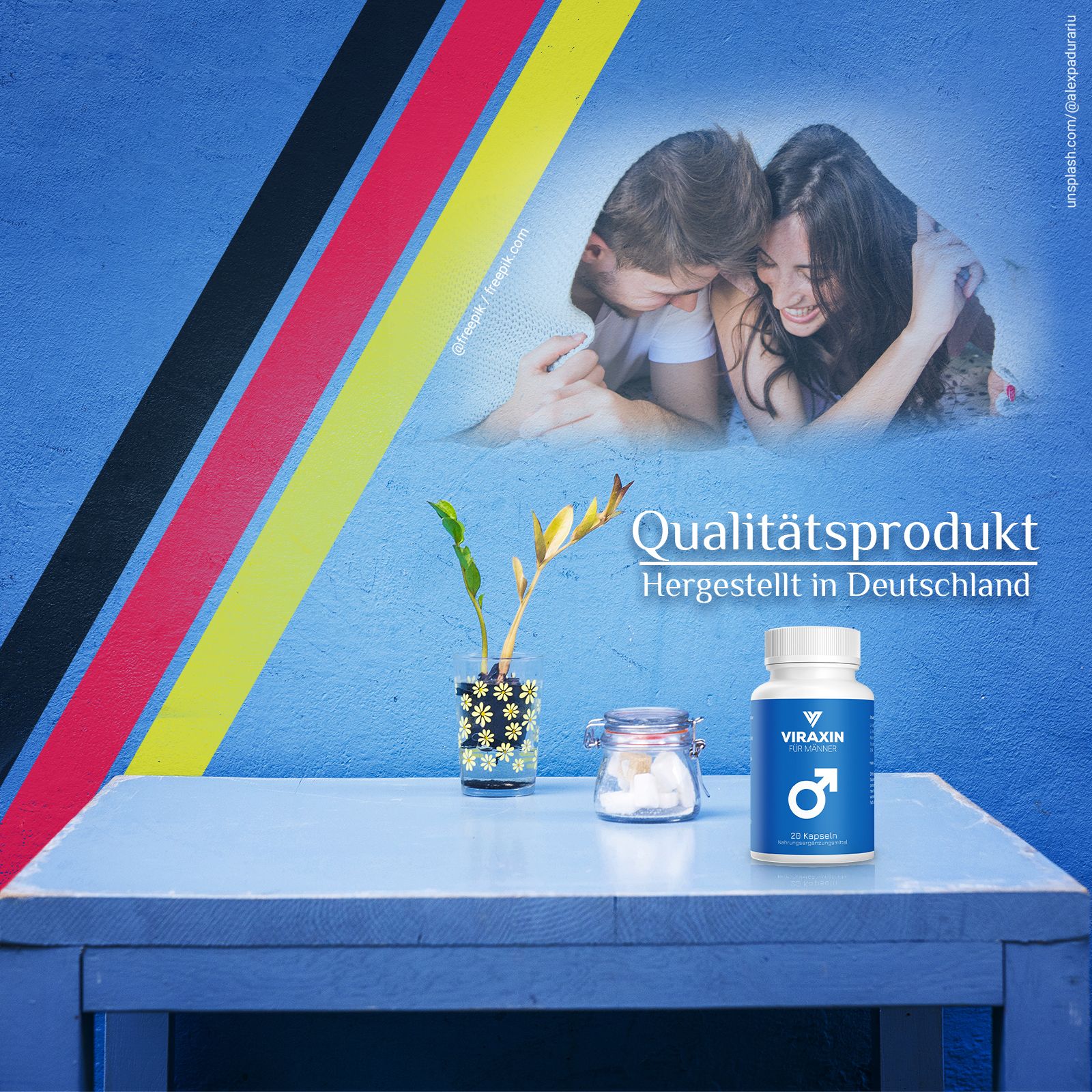 Flacone con etichetta blu, testo: Viraxin für Männer, simbolo maschile, 20 capsule. Sfondo: coppie, testo: Prodotto di qualità, Prodotto in Germania.