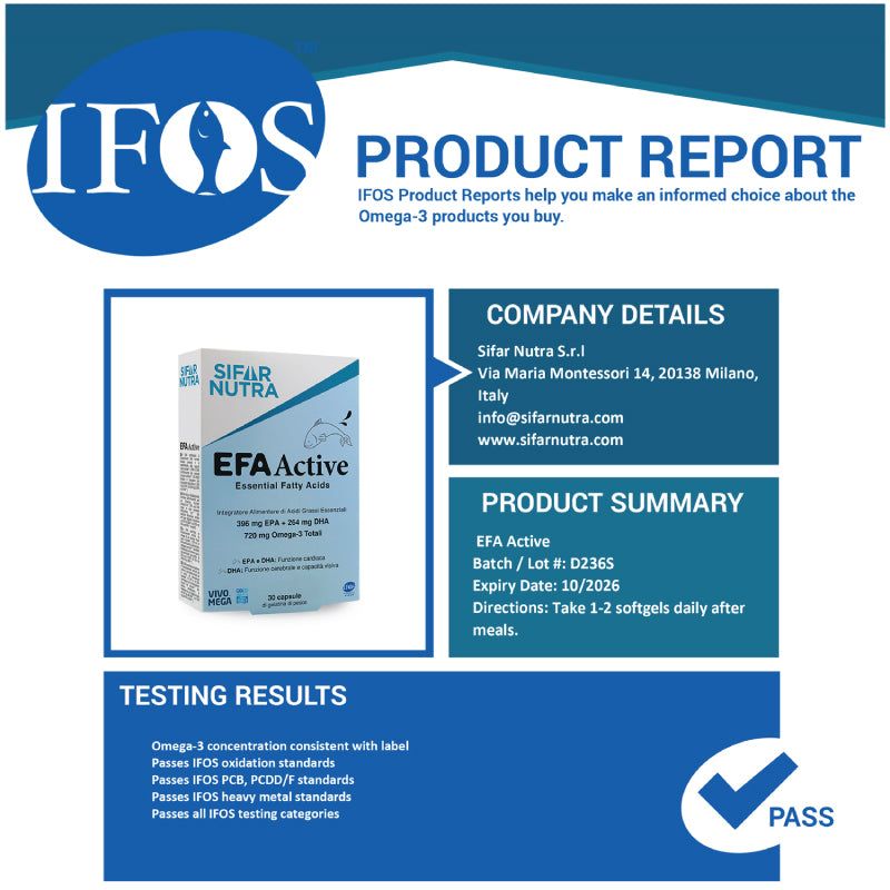 Rapporto sul prodotto IFOS. Nome del prodotto: EFA Active. Numero di lotto: D236S. Scadenza: 10/2026. Certificazione IFOS. Dettagli azienda: Sifar Nutra S.r.l.