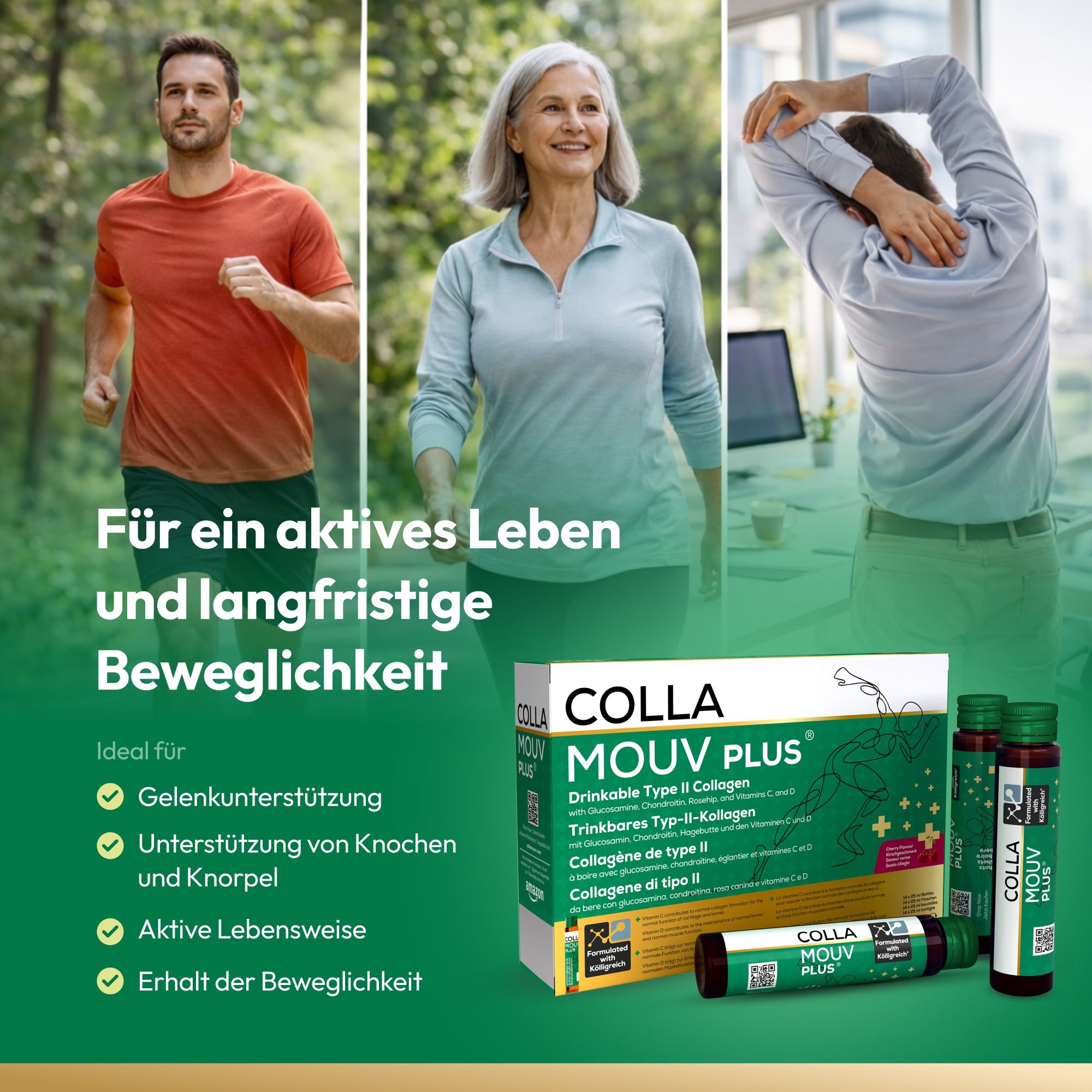 Persone in movimento con confezione di BHW Collamouv Plus Collagene Glucosamina Condroitina.
