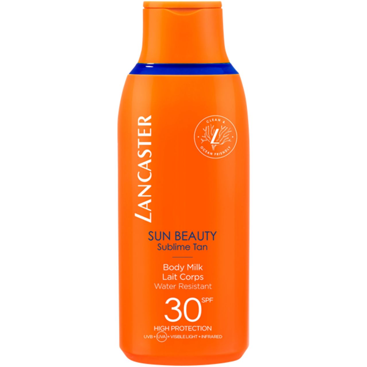Flacone arancione con linea blu. Testo: Lancaster, Sun Beauty, Sublime Tan, Body Milk, Water Resistant, SPF 30.