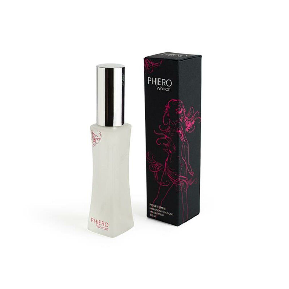 Flacone con tappo argentato e scatola nera con illustrazione di donna rosa. Marca: PHIERO WOMAN.