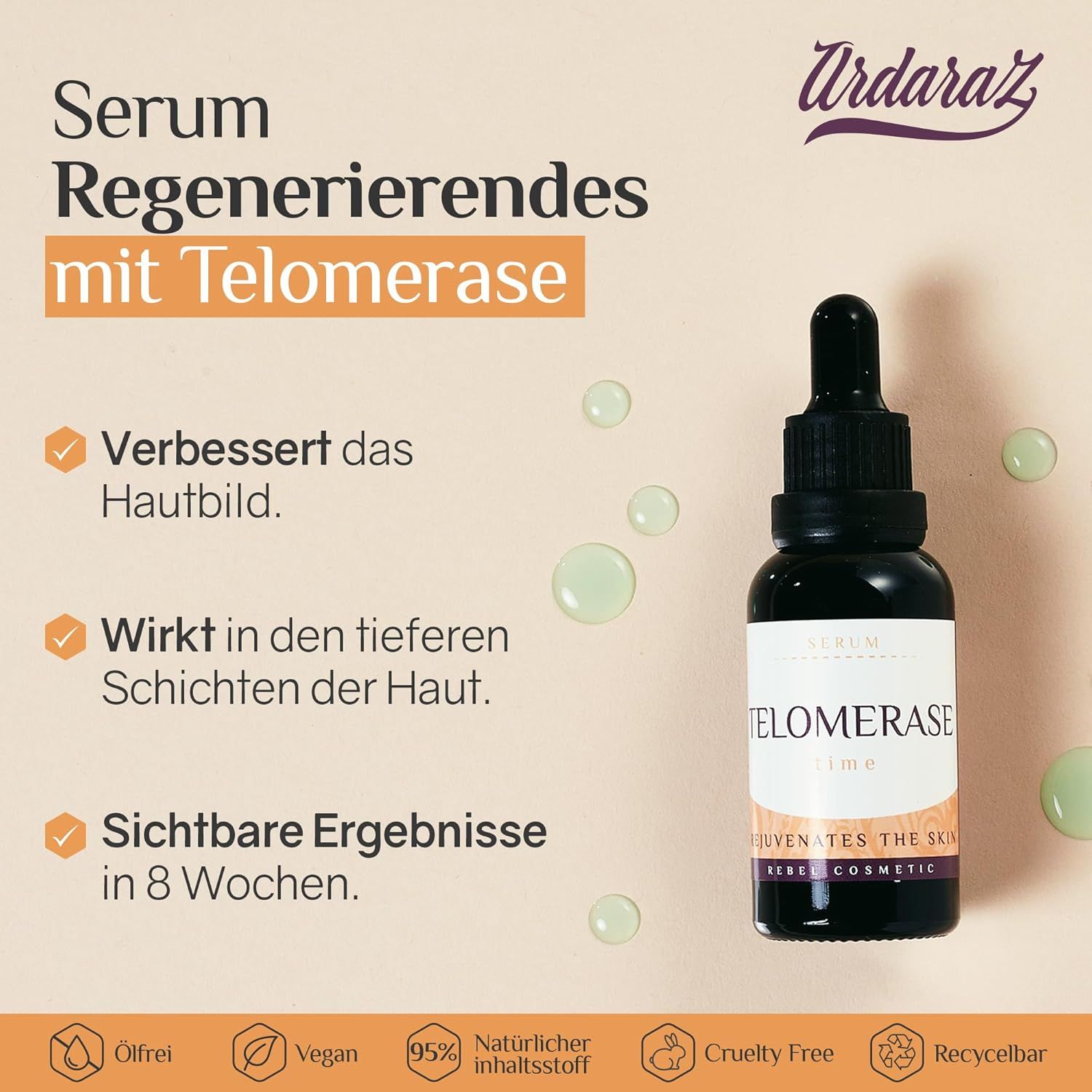 Flacone di siero con testo. Testo: Siero rigenerante con telomerasi. Loghi: Senza olio, Vegano, 95% naturale, Cruelty Free, Riciclabile.