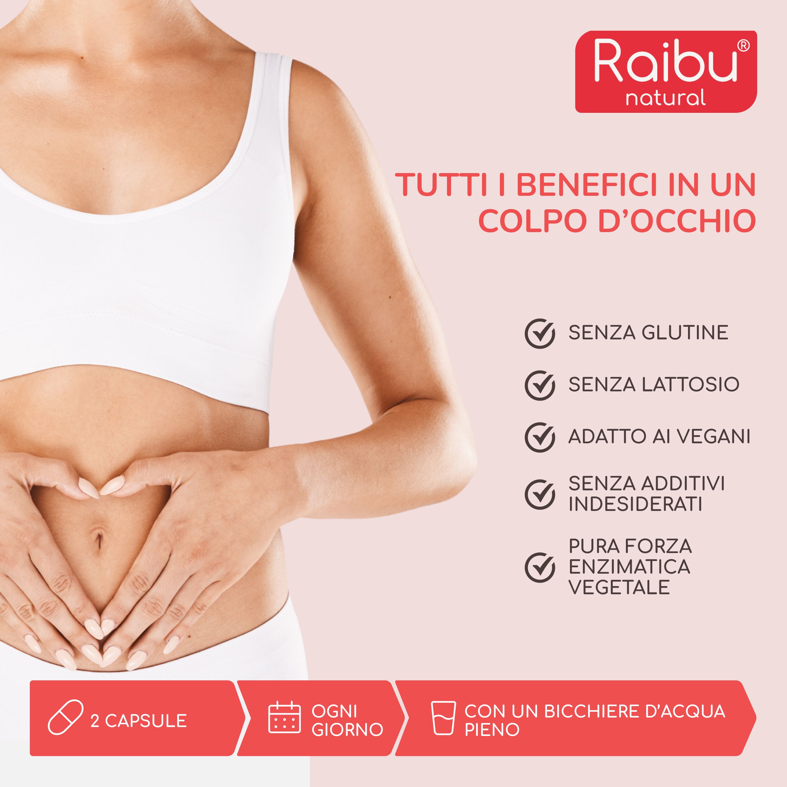 Donna con gesto del cuore. Vantaggi di Enzym Komplex. Senza glutine, vegano.