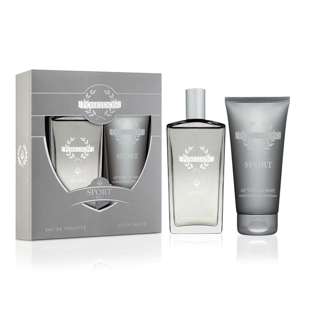 Confezione regalo grigia con tre prodotti. Scritta: Poseidon Sport. Eau de Toilette, Dopobarba e un'altra bottiglia. Logo con corona d'alloro.