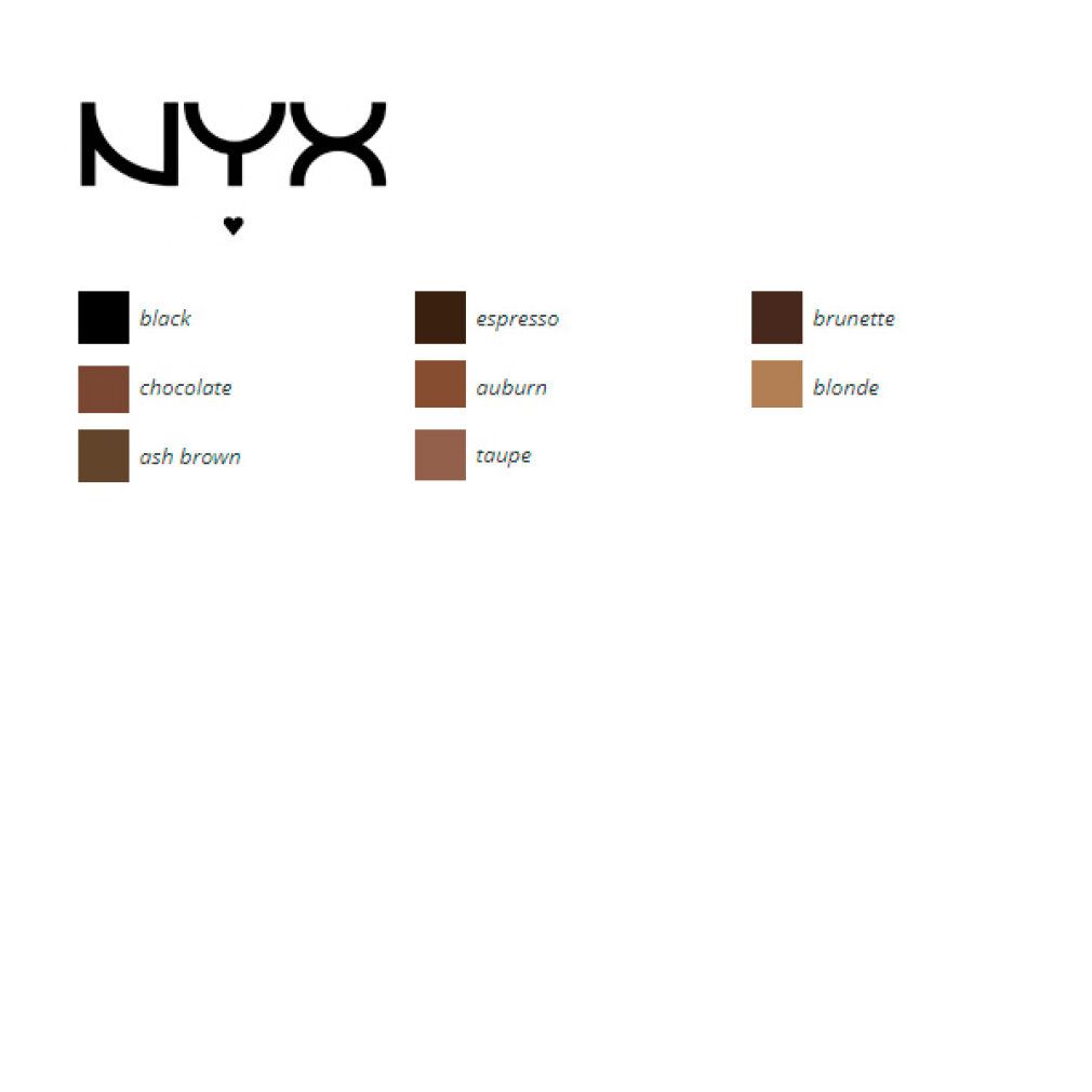 Logo NYX e selezione colori per matite sopracciglia: Nero, Espresso, Brunette, Chocolate, Auburn, Blonde, Ash Brown, Taupe.