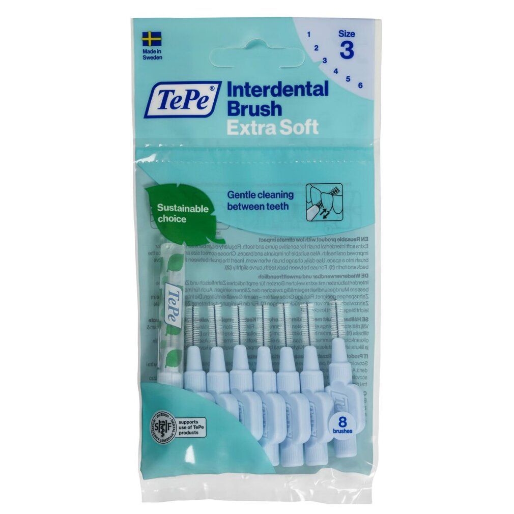 Confezione di spazzolini interdentali TePe blu. Extra Soft, 8 pezzi. Scritta: Gentle cleaning between teeth. Scelta sostenibile.
